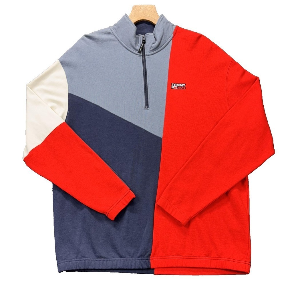 Tommy Jeans Sweatshirt Mens 2XL Colorblock Quarter Zip Red Navy Gray Cotton